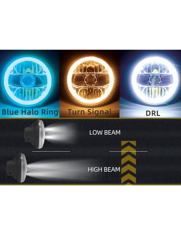 Sinoparcel 7 Inch Round LED Headlights with Blue Halo Ring,20000LM Brighter H6024 6024 etc for Jeep Wrangler TJ JK JKU with DRL & Turn Signal,Hi/Lo Sealed Beam Projector,with H4-H13 Adapter,Pack of 2