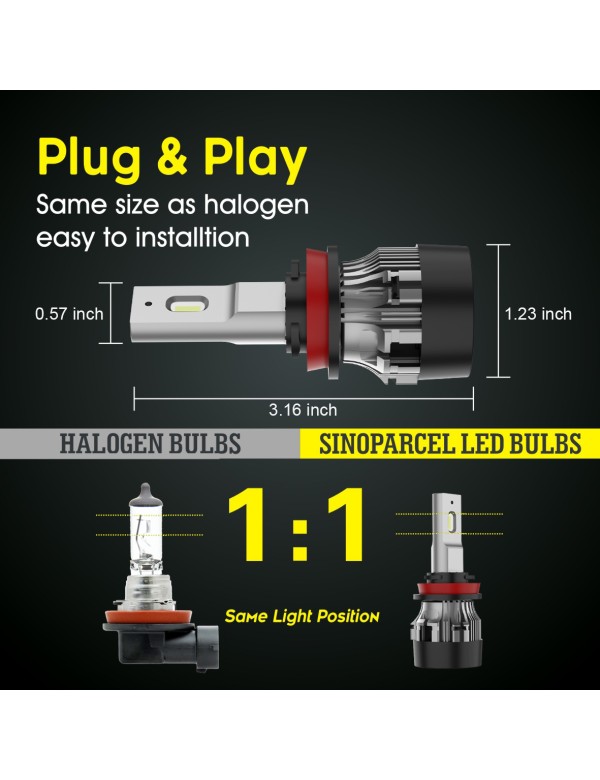 Sinoparcel H11 LED Headlight Bulbs Low Beam, H9 High Beam or H11/H8 Fog Light Bulb -60W/Set- Cool White Super Bright Conversion Kits, Pack of 2